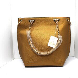 Alfa Collection Bronze Golden Leather Shoulder Tote Bag w/Satin Striped Lining